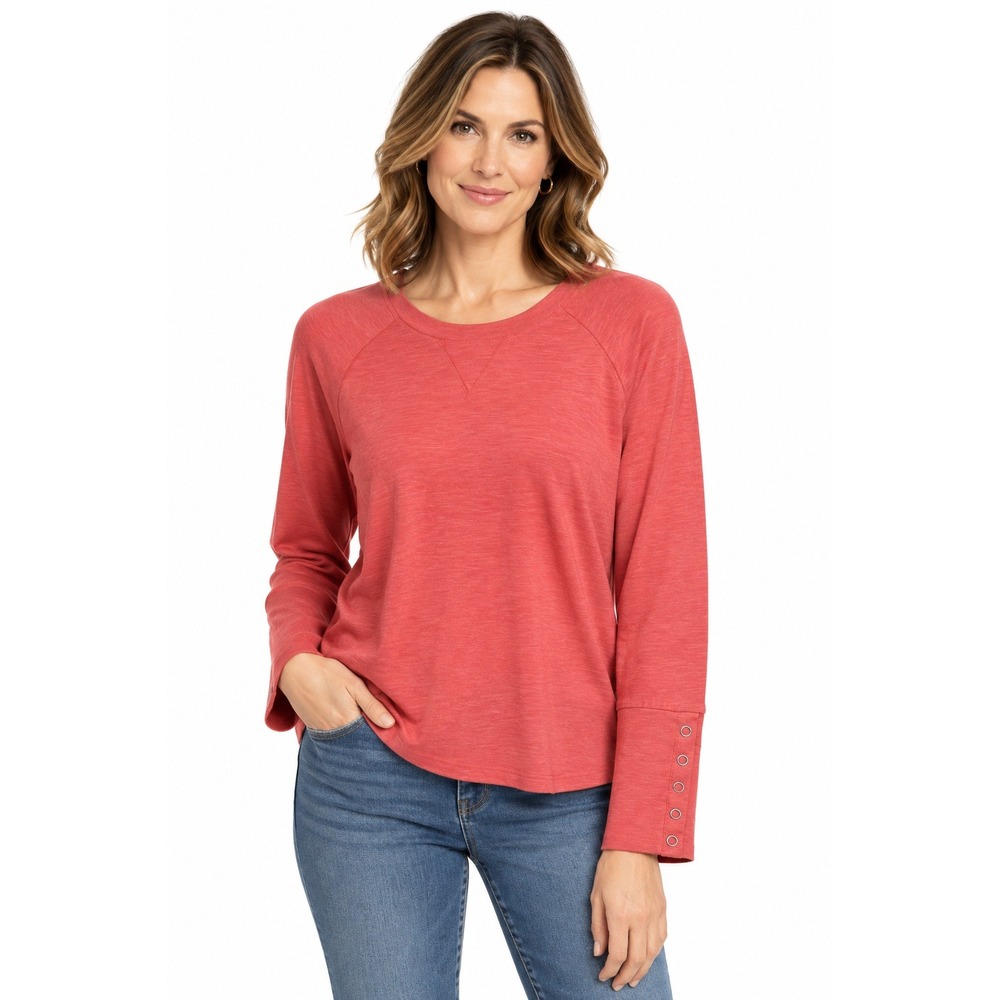 Evereve Sophie Snap Cuff Top Womens Medium Dark Coral Slub Knit Raglan
